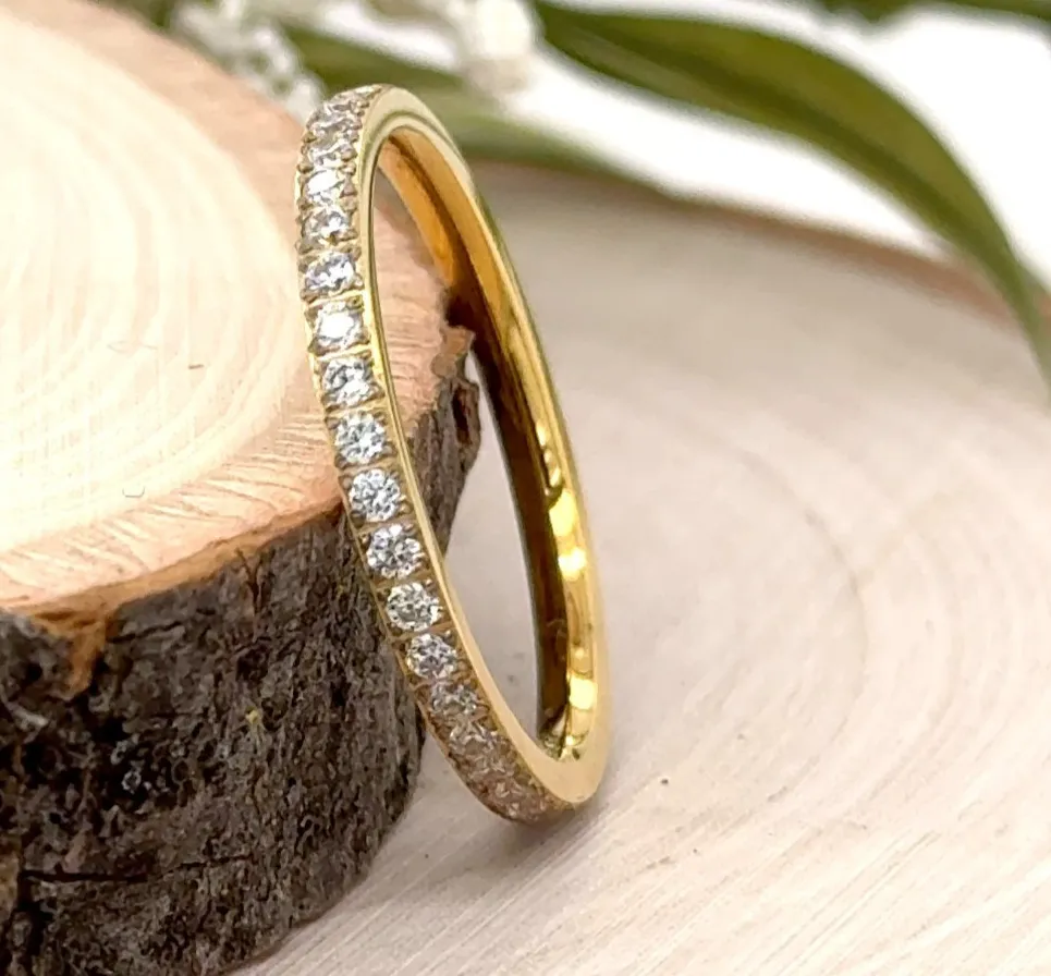Authentic 2mm Gold Plated Titanium Eternity Band Full CZ Pave Scratch-Proof Christmas Ring
