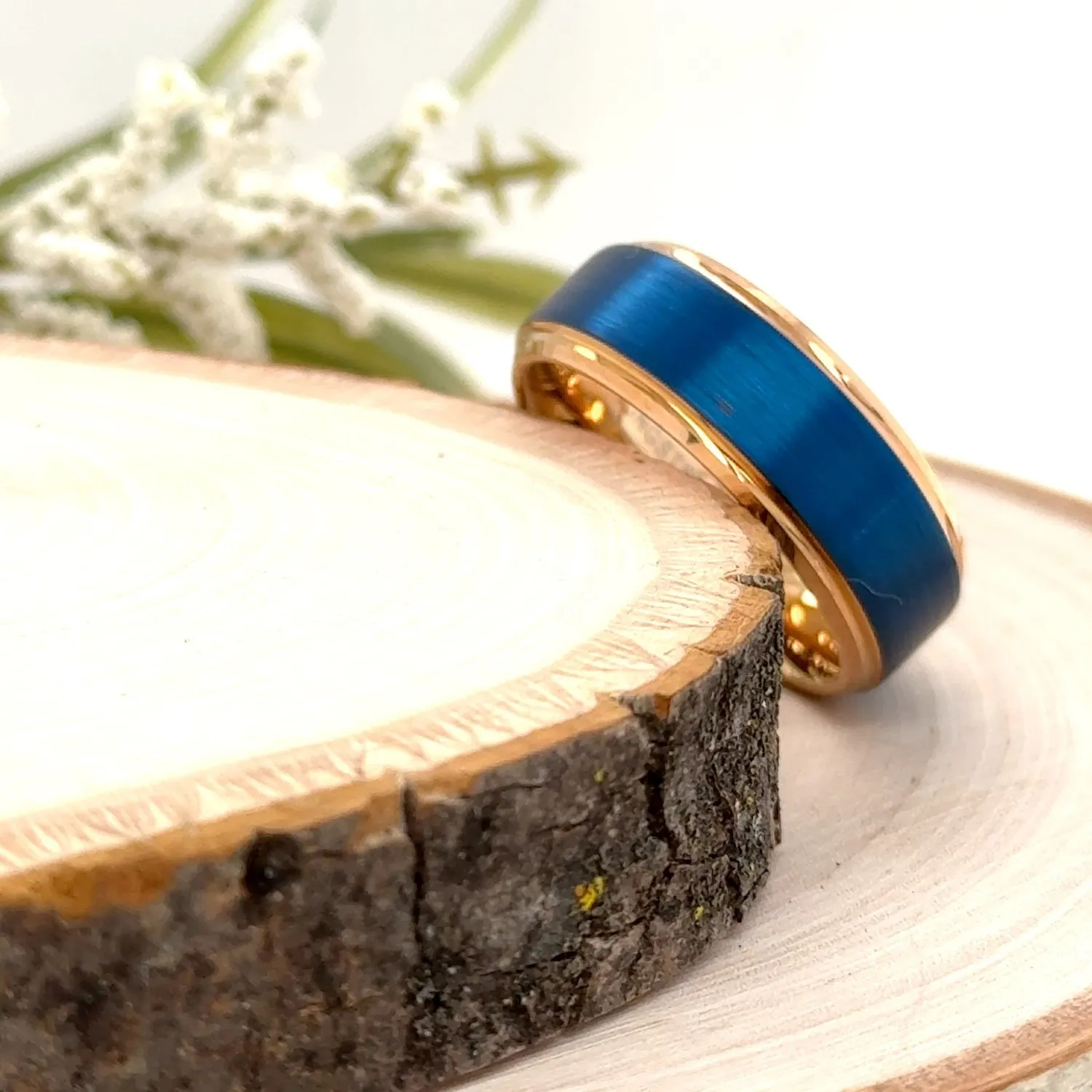 Authentic 8mm Gold Plated Tungsten Ring For Christmas Blue Brushed Scratch-Resistant Band