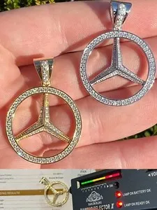 Authentic 1ct MOISSANITE 925 Silver/Gold Plated Iced Mercedes Benz Logo Pendant Necklace