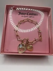 Authentic Juicy Couture Heart Logo Charm Toggle Bracelet Gold Plated 7.5" Quilted Heart