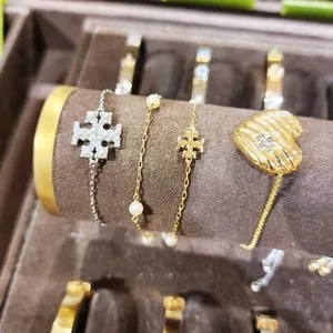 Authentic Authentic Tory Burch 18K Gold Plated Logo Pearl Beaded Double Slider Bracelet