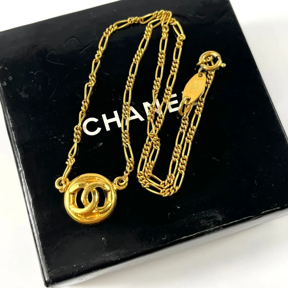 Authentic CHANEL CC Chain Necklace: Vintage 1983 Gold-Plated Amulet of Timeless Elegance