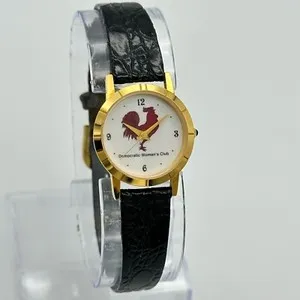Authentic Ladies DEMOCRATIC WOMAN'S CLUB Logo 18k Gold Plated Watch, Quartz, Black Leather