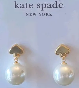 Authentic KATE SPADE PEARLY DROP LOGO GOLD-PLATED DANGLE PIERCED EARRINGS☆NEW ON CARD☆3/4"