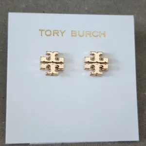 Authentic Authentic Tory Burch 18K Gold Plated Small Logo Stud Earrings Rose Gold 143361