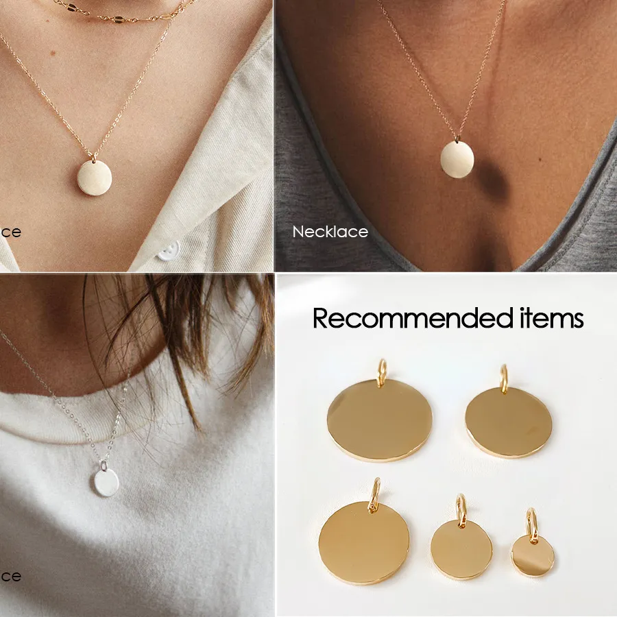 Authentic High Quality Shiny Polish Stainless Steel Gold Plated Round Charm Pendant Logo Tag Laser Engrave Bracelet Necklace DIY Jewelry