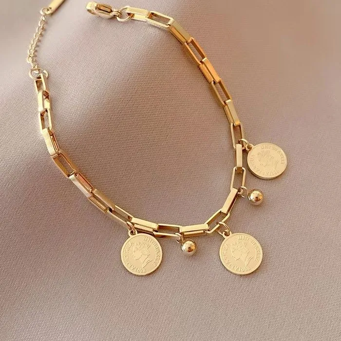 Authentic Hip Hop Circular Logo Portrait Pendant Chain Gold Stainless Steel Bracelet Fashion Jewelry Gift for Women