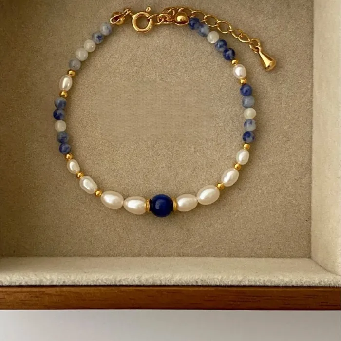 Authentic 100% Natural Freshwater Pearl & Blue Aventurine 14K Gold Filled Female Charm Bracelet Jewelry For Women Christmas Gifts No Fade