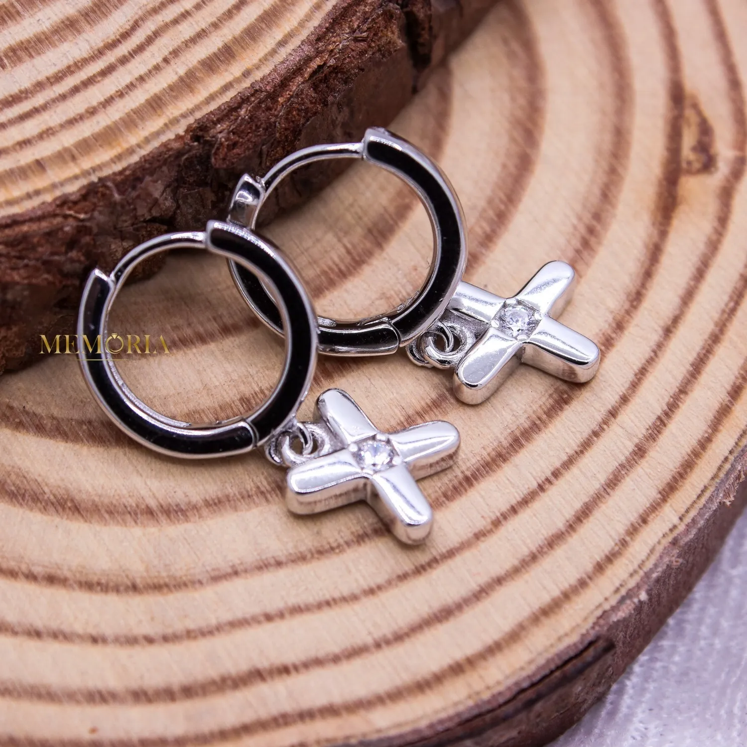 Authentic Women's 18K White Gold Plated CZ Cross Leverback Huggie Hoop Drop Earrings