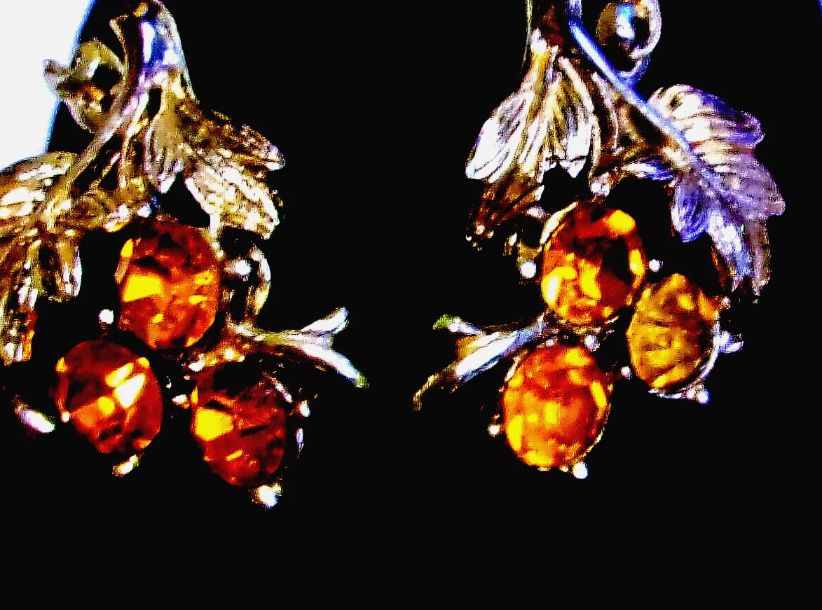 Authentic Vintage Amber Crystal Gold-Plated Leaf & Grape Design Screw Back Earrings - Sacred Protection Amulet