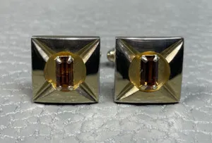 Authentic Vintage Picture Frame Amber Colored Stone Yellow Gold Plated Cuff Links