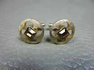 Authentic Vintage Reticulated Amber Colored Stone Yellow Gold Plated Cufflinks 