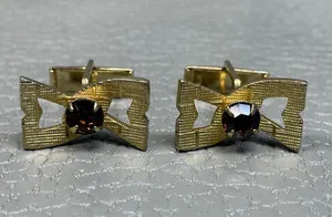 Authentic Vintage Bow Tie Amber Colored Stone Yellow Gold Plated Cuff Links