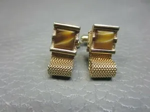 Authentic Vintage Light Amber Colored Stone Wrap Around Yellow Gold Plated Cuff Links 