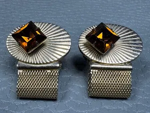 Authentic Vintage Prong Set Amber Colored Stone Yellow Gold Plated Wrap Around Cuff Links