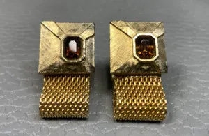 Authentic Vintage Amber Colored Faceted Stone Yellow Gold Plated Wrap Around Cuff Links