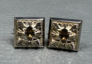 Authentic Vintage Amber Colored Stone Yellow Gold Plated Cuff Links