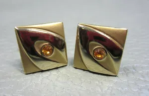 Authentic Mid Century Modern Amber Colored Stone Yellow Gold Plated Cuff Links 