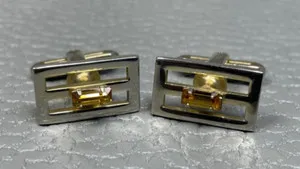 Authentic Vintage Parallel Lines Amber Colored Stone Yellow Gold Plated Cuff Links
