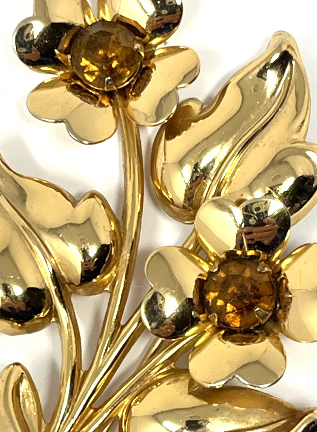 Authentic Coro Flower Brooch Amber Rhinestone Long Stem Gold Plated