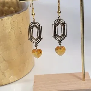 Authentic Vintage Geometric Heart Earrings, Amber Crystal Dangle, Gold-Plated Jewelry