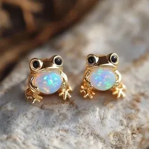 Authentic 2Ct Oval Cut Natural Fire Opal Frog Women Stud Earrings 14K Yellow Gold Plated