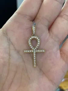 Authentic Round Cut Simulated Diamond Stunning Ankh Cross Pendant 14K Yellow Gold Plated