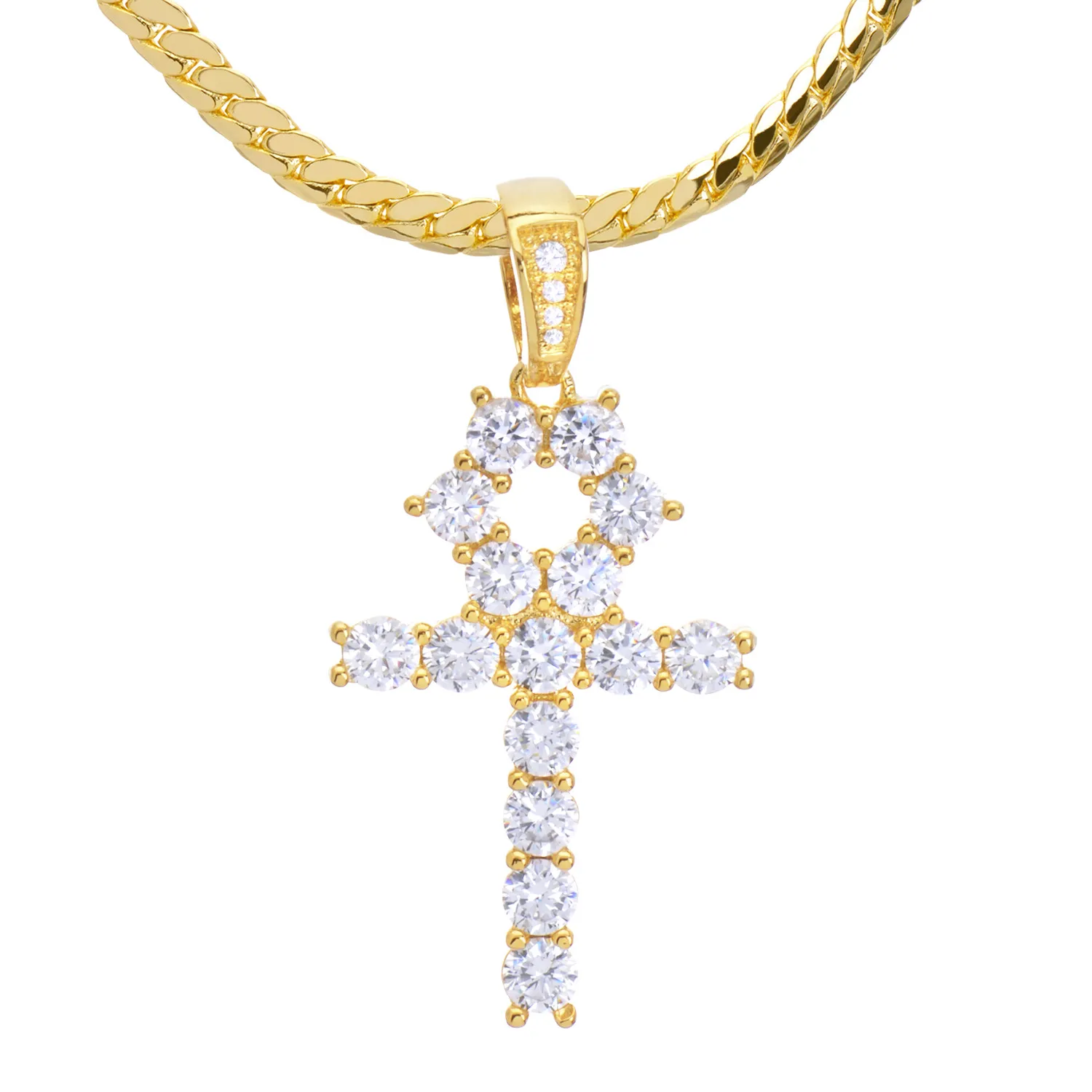 Authentic Bust Down 14K Gold Plated Iced CZ Ankh Cross 24" Miami Cuban Chain BCH 13108 G