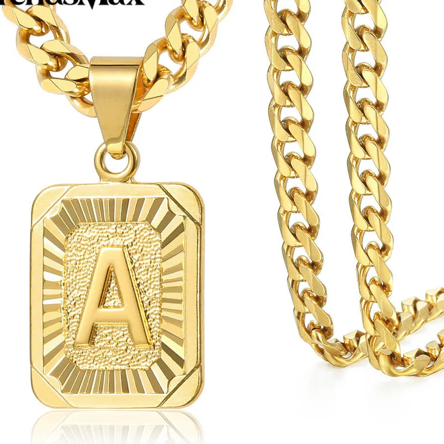 Authentic Initial Letter PENDANT Necklace 18/22" Yellow Gold Plated Curb Chain for Men Boy