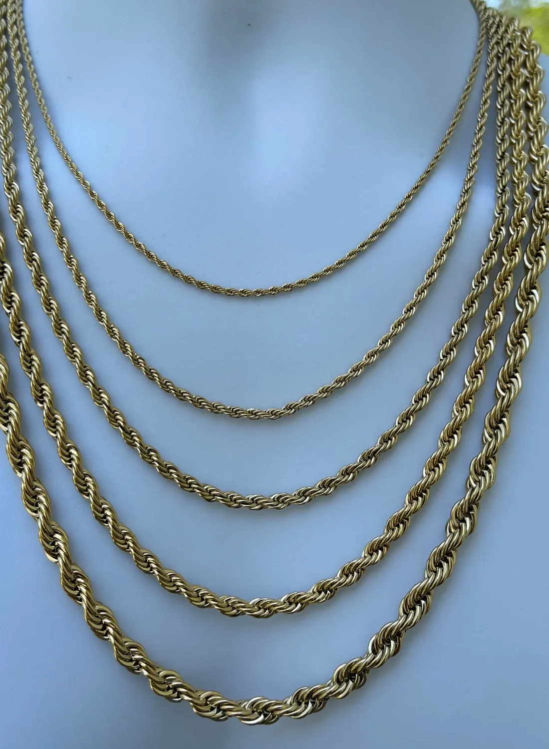 Authentic Men's Real Rope Chain Necklace 14k Gold Plated Stainless Steel - 2mm-6mm 18-30"