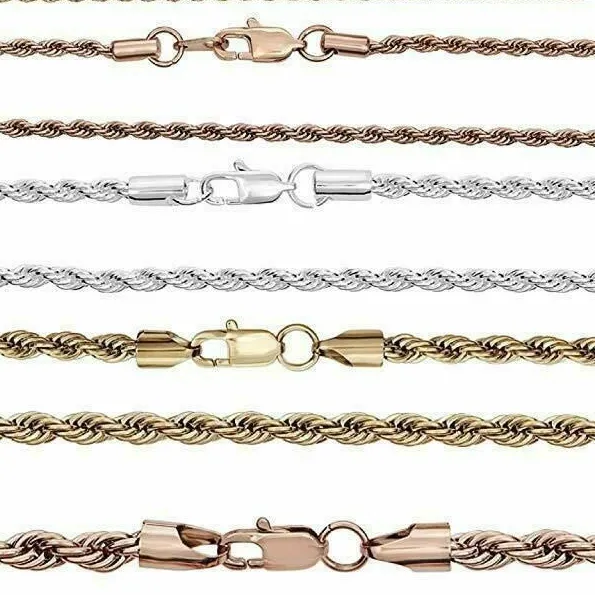 Authentic Rope Chain Yellow Rose Gold Plated Over Solid Stainless Steel - 2-6mm 18-30"