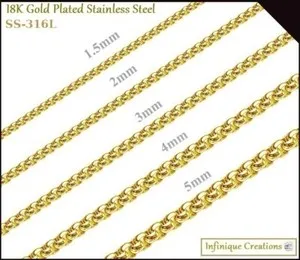 Authentic Stainless Steel Round Box Chain 18k Gold Plated 7-38" Bracelet Necklace 1.5-5mm