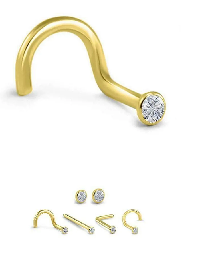 Authentic Gold Plated 316L Surgical Nose Stud LBend Screw Bezel CZ 22G 20G 18G