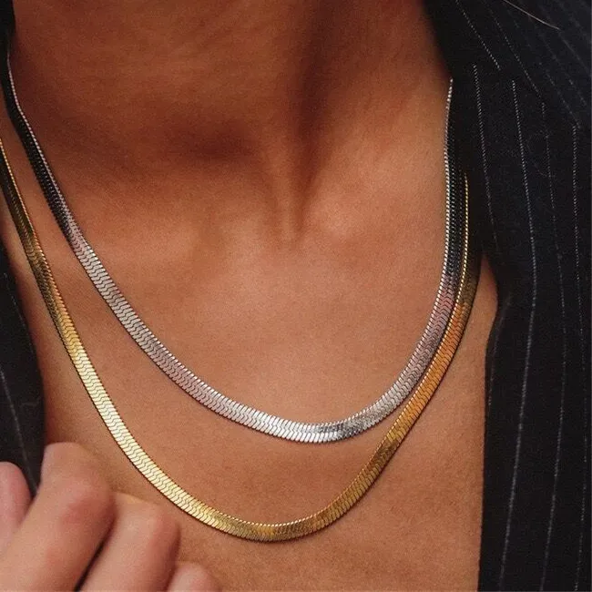 Authentic 2 Colors Women Men 2-5mm Stainless Steel 18k Gold Plated Herringbone Snake Chain