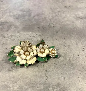 Authentic Vintage 3 Different Sized FlowerPin Brooch White Enamel Gold Plated