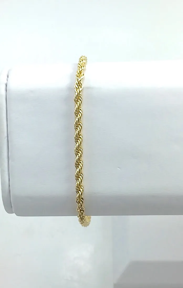 Authentic Gold Plated Rope Chain Bracelet 8 inches long, Available in 4 different widths