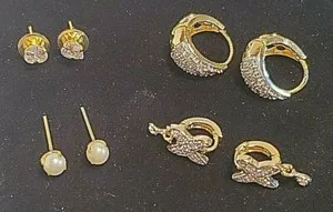 Authentic Four Different Beautiful Earring Sets, Gold Plated Crystal Stud Fashion Gift