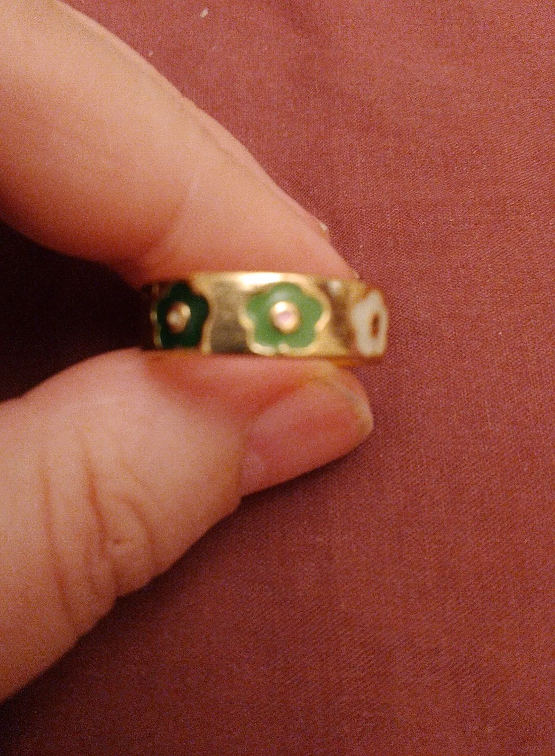 Authentic Gold Plated Promise Ring With Enamel Flowers In Different Greens Size UKP