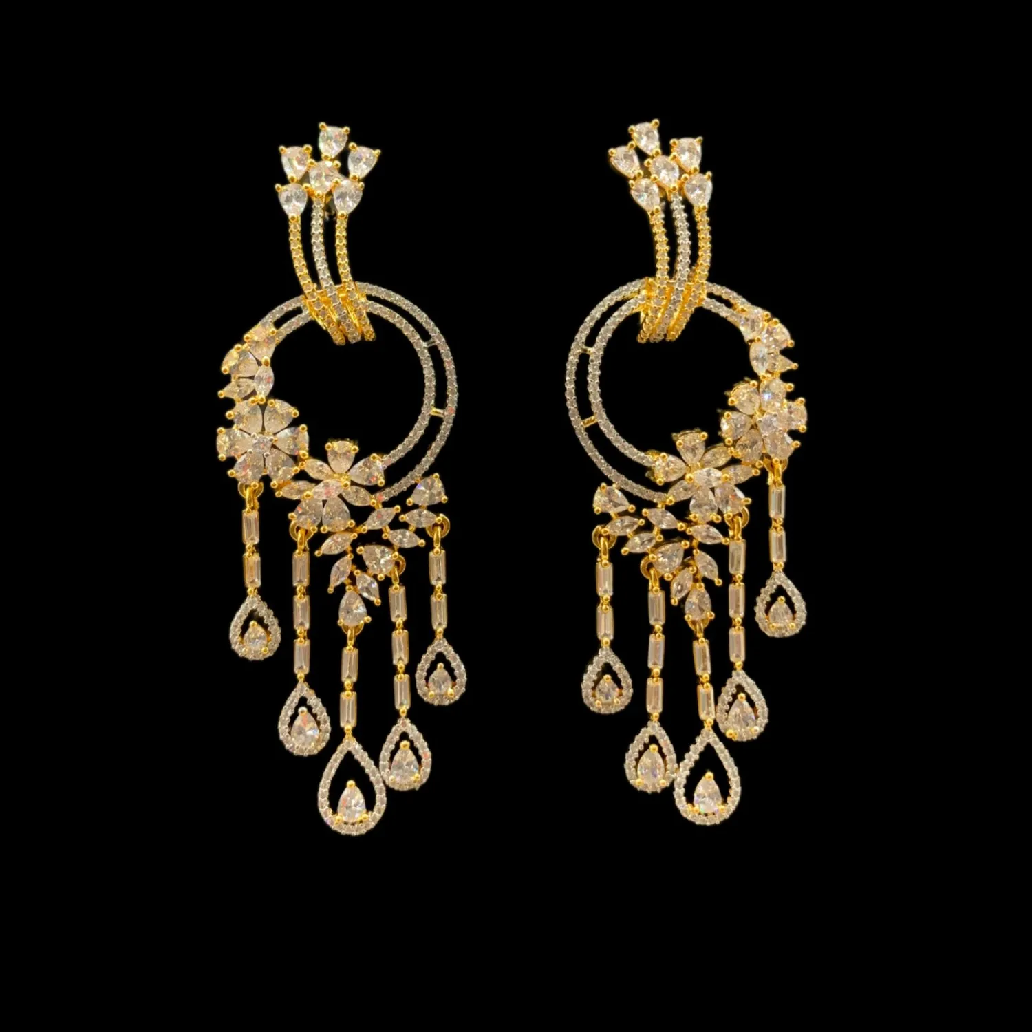 Authentic GOLD PLATED LONG HANGING EARRINGS WHITE RODIUM POLISH & DIFFERENT CUTTING STONES