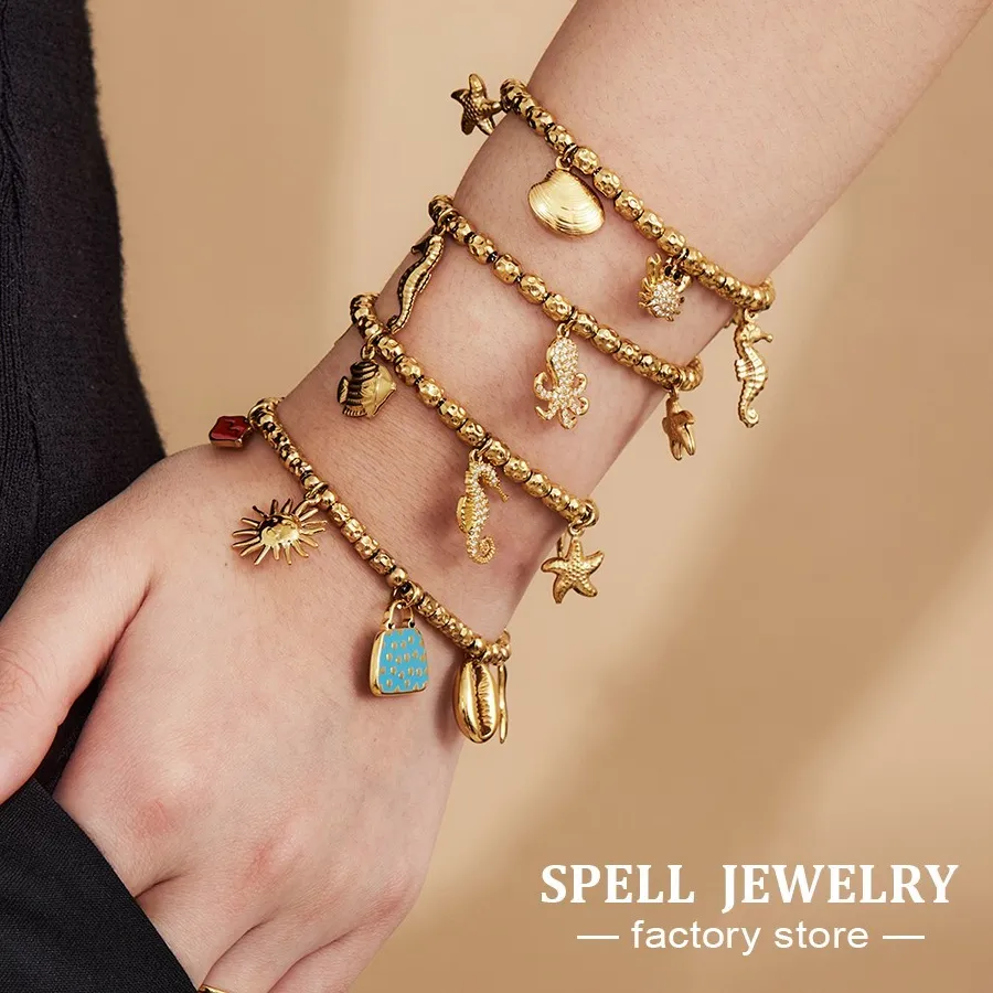 Authentic 4 Models Beaded Bracelet In Stainless Steel With 18k Gold Plated Waterproof Non Tarnish 5 Different Charm Bracelets For Women