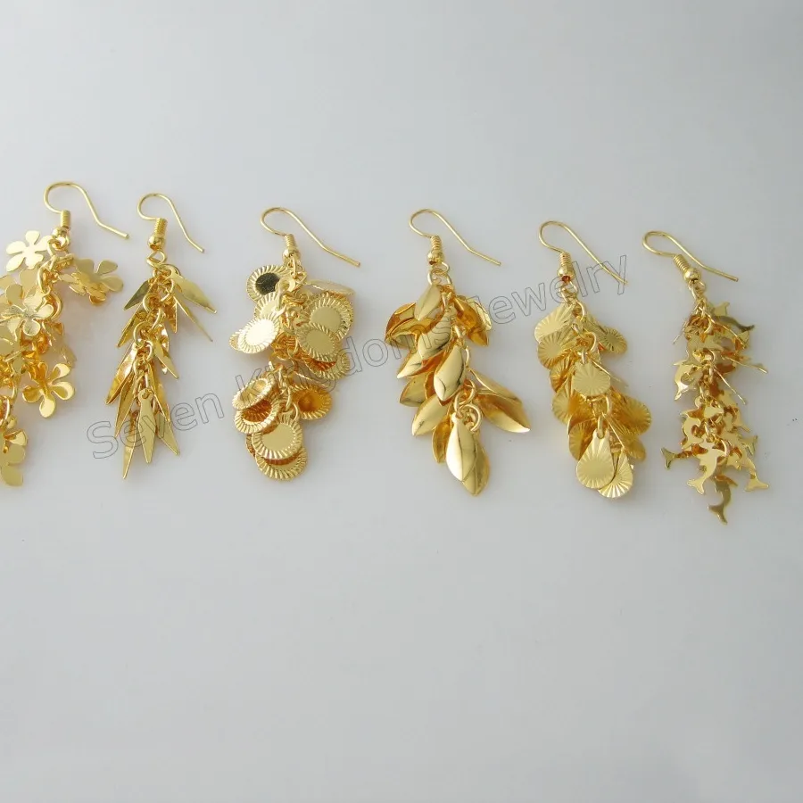 Authentic 6 STYLES HOOK DANGLE EARRING DIFFERENT THEME MANY ROUND LEAF DOLPHIN STYLE SHAPE CHARMS TALL ABOUT 2.36" YELLOW GOLD COLOR