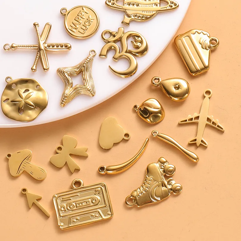 Authentic 6pcs Different Styles Gold Color Stainless Steel Mushroom Cake Airplane Model Pendants DIY Arrowhead Ice-Skates Tusk Accessories