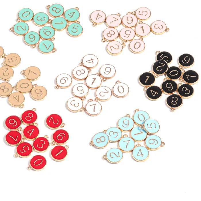 Authentic 12*14mm double side round Gold Disc Charm Pendant Number 0-9 Letter Tag Enamel Alloy 7 different color Jewelry accessories