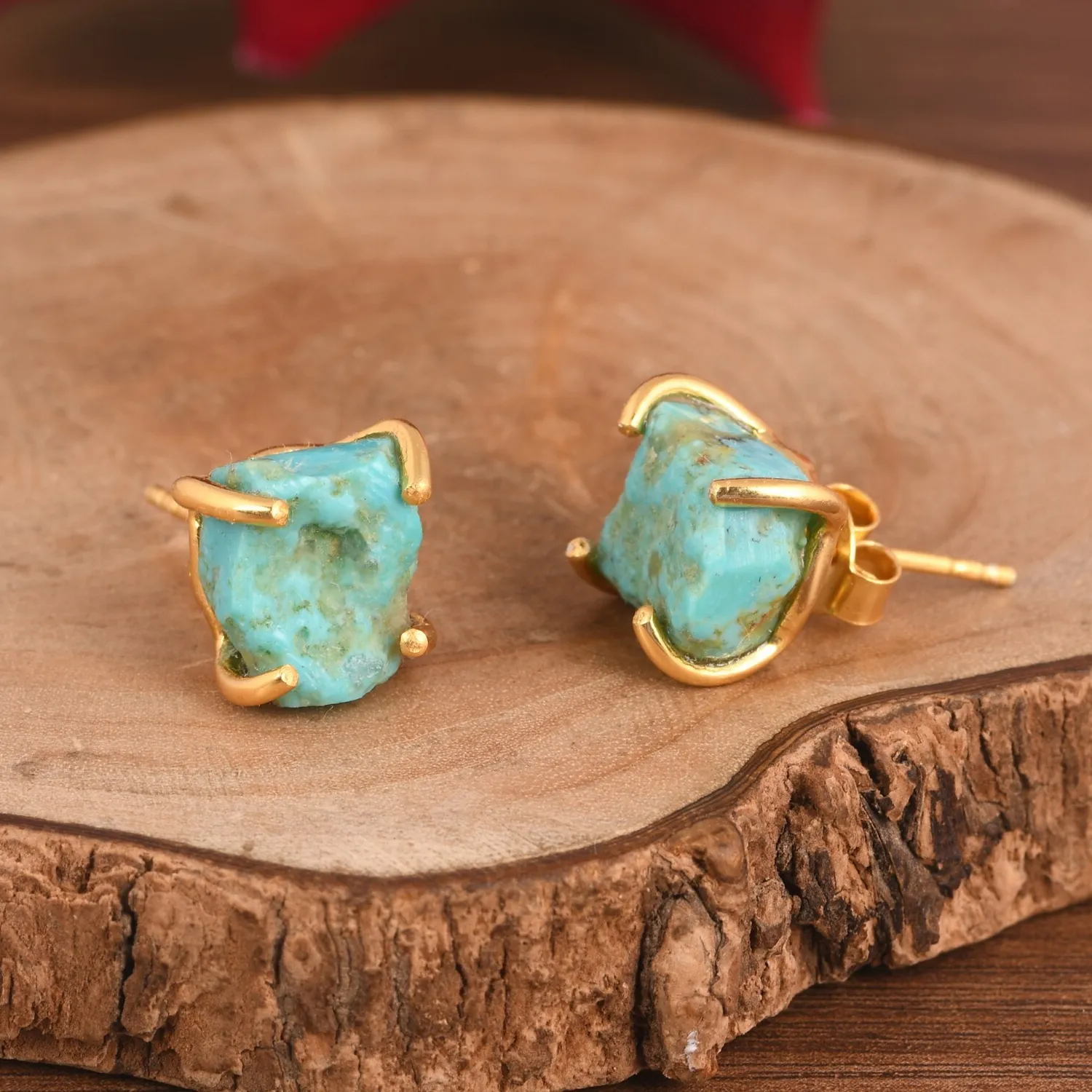 Authentic Rough Turquoise 18k Gold Plated Stud Earrings Sterling Silver Gemstone Jewelry