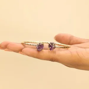 Authentic Amethyst Rough Adjustable Gold Plated Brass Open Bracelet, Women Jewelry BR-4