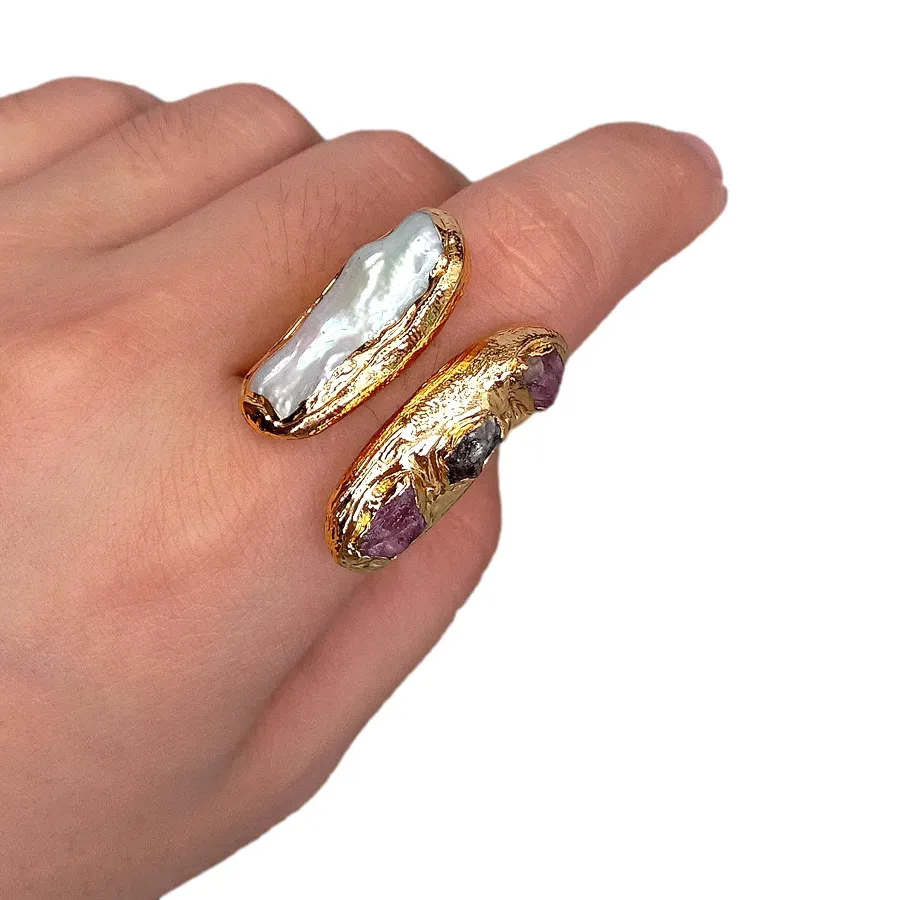 Authentic Cultured Biwa Pearl Natural Tourmaline Rough Gold Plated Ring Adjustable