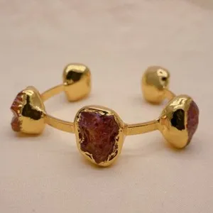 Authentic Natural Red Carnelian Rough Raw Gold Plated Bangle Bracelet