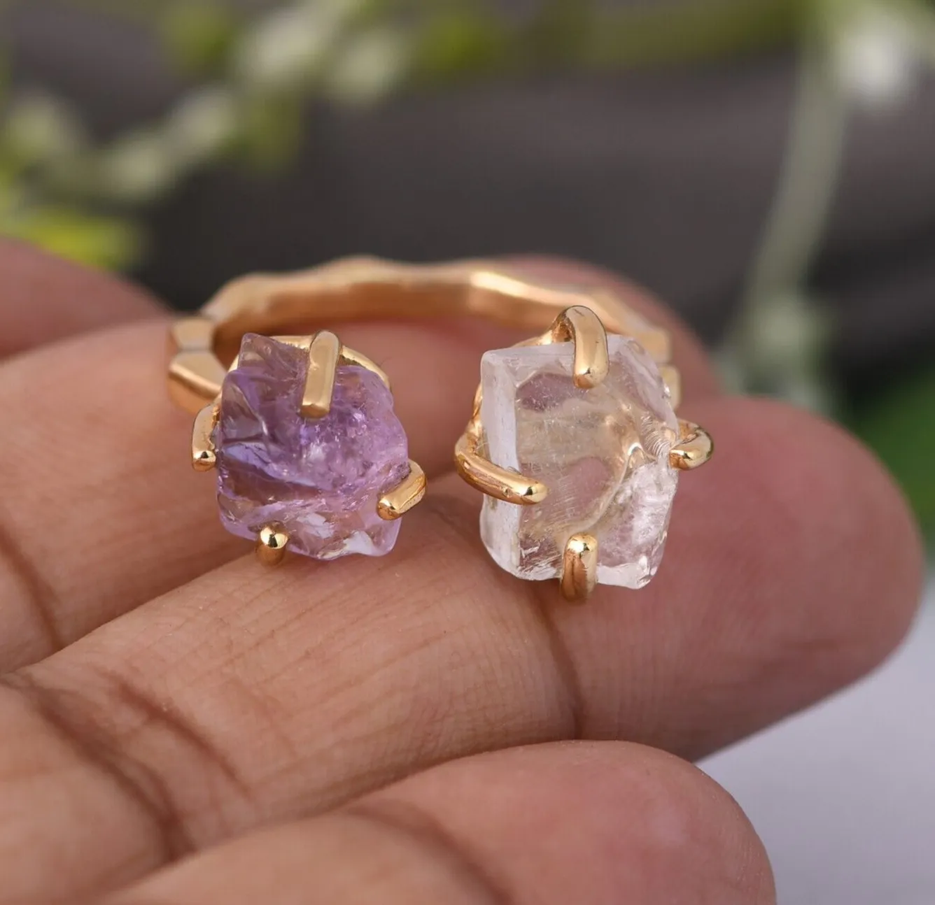 Authentic Double Raw Stone Ring Gold Plated Amethyst & Crystal Quartz Rough Jewelry