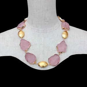 Authentic Gemstone Gold Plated Brushed Raw Necklaces Natural Rose Quartz Rough Necklace