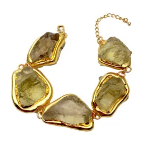 Authentic Natural Lemon Quartz Rough Raw Bracelet Gold Plated Brushed Bead Semi Precious
